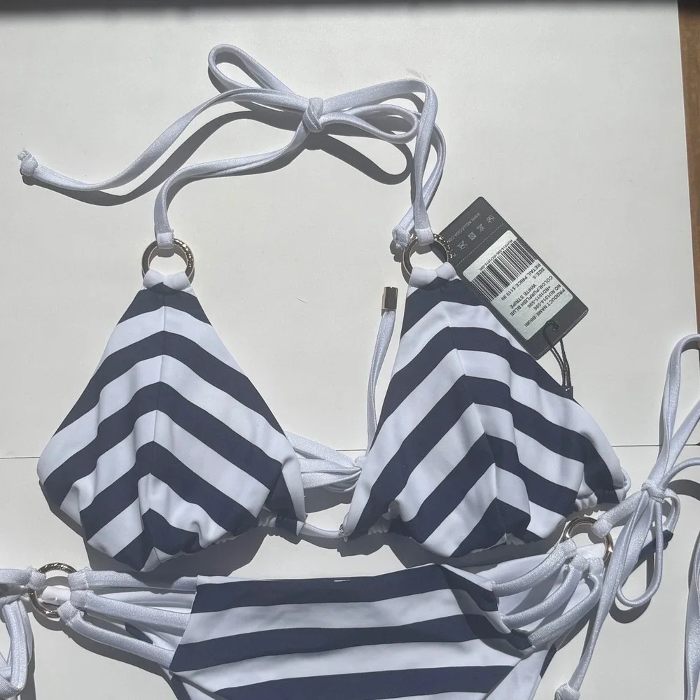 RELLECIGA Womens Striped Triangle Bikini Set Navy Blue White Size Small